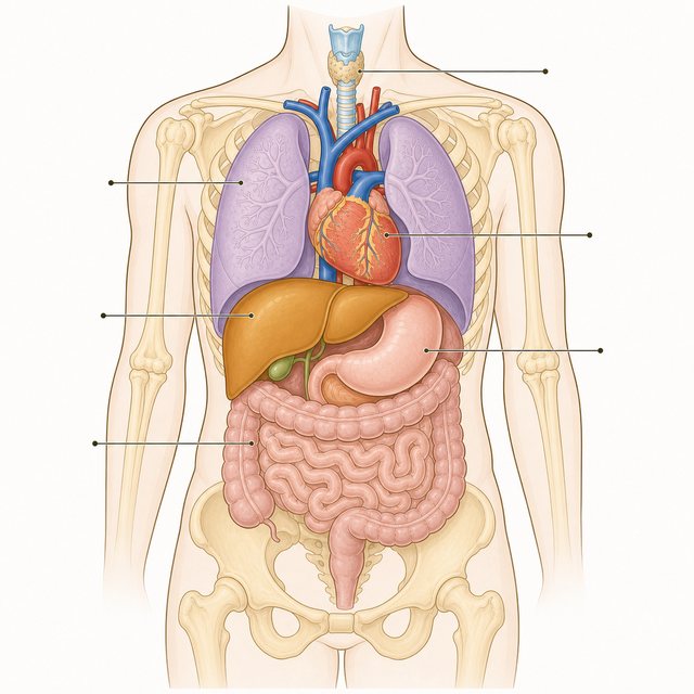人体躯干与胸腹腔器官的教材式插图